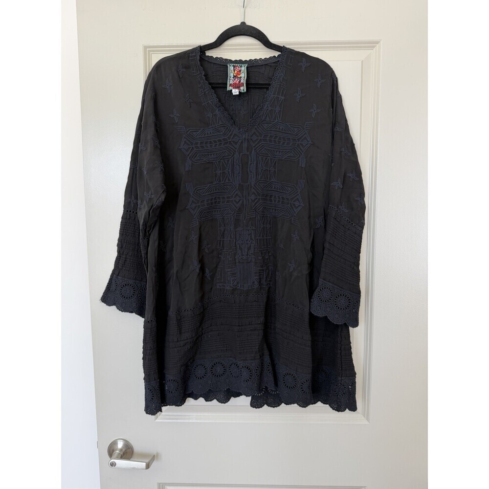 Johnny Was Eyelet Embroidered Black Tunic Mini Dress V Neck Size Medium